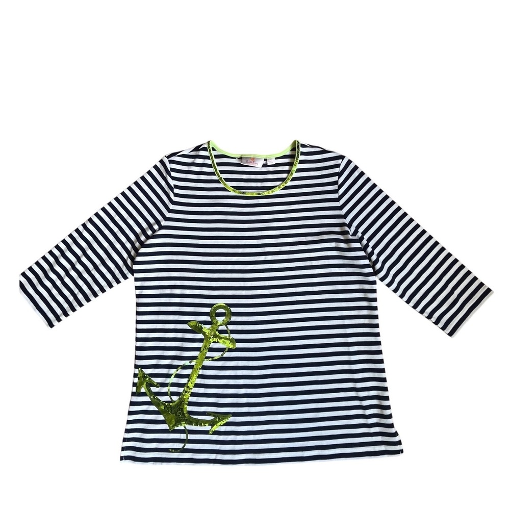 Quacker Factory Striped Sequin Anchor Top Lime Green Trim M Nautical Preppy